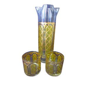 Mid Century Cocktail Martini Drinks Pitcher Set Stained Glass Yellow Gold EUC